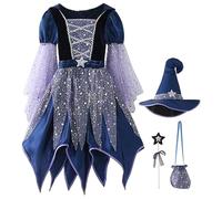 XJKLBYQ Costume de sorcière pour filles, robe de sorcière méchante brillante avec chapeau, magie et sac bonbons pour décor fête d'Halloween (110 cm)