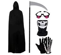 XJKLBYQ Costumes d'halloween, 5pcs / Set Grim Reaper Costume, Glowing Eyes Cosplay Tenues, Black Effrayant Halloween Costumes pour Les fêtes en Costume, Les fêtes de Cosplay, S