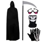 XJKLBYQ Grim Reaper Costume Set, 5cs Eyes Glowing Eyes effrayants, Black Halloween Cosplay Costumes pour Adultes et fêtes (s)