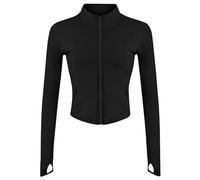 XJKLBYQ Veste de Piste de Course à Zip complète pour Femmes, Veste de Sport de Yoga Slim fit, Veste d'entraînement à Manches Longues avec Trous de Pouce (Noir/m)