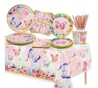 XJLANTTE 106 PCS Fournitures de Fête d'anniversaire Papillon - Assiettes Papillon, Gobelets et Nappe pour Fête Prénatale Filles, Décorations de Fête sur Le Thème des Fées, pour 20 Invités, Rose-s