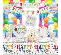 XJLANTTE 152 PCS Rainbow Party Supplies - Ballons colorés, bannière à Pois, Assiettes, Tasses et Nappe pour décorations de fête à saupoudrer de confettis pour Enfants, pour 20 invités, Set 02