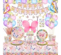 XJLANTTE 175 PCS Décorations de Fête Papillon - Ballons Papillon, Bannière, Décoration de Gâteau, Assiettes, Tasses et Nappe pour Fournitures d'anniversaire Fille Femme, pour 20 Invités, Rose-l