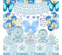 XJLANTTE 189 PCS Décorations de Fête Papillon - Ballons Papillon Bleu, Bannière, Décoration de Gâteau, Assiettes, Tasses et Nappe pour Fournitures d'anniversaire Fille, Servir 20 Invités, Bleu-l