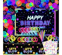 XJLANTTE 192 PCS Fournitures de fête d'anniversaire phosphorescentes- Bannière de fond d'anniversaire qui brille dans le noir, nappe Let's Glow, ballons néon, tatouage temporaire, bâtons lumineux