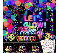 XJLANTTE 192 Pcs Fournitures de fête phosphorescentes - Comprend Une Toile de Fond de fête Let's Glow Neon, Un Ballon néon, Nappi, Un Lot de bâtons Lumineux, des Fournitures de fête Lumineuses