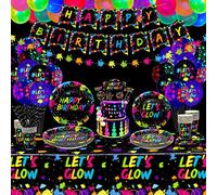 XJLANTTE 225 pièces Glow Néon Articles de fête Ballon néon, bannière d'anniversaire phosphorescente, guirlandes, décoration de gâteau, nappe, assiettes, serviettes et tasse, pour 20 invités
