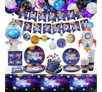 XJLANTTE 226 PCS Outer Space Party Supplies - Ballon de Planète du Système Solaire, Bannière De Joyeux Anniversaire, Tourbillons Suspendus, Décoration de Gâteau, Assiettes, Serviettes, pour 20 Invités