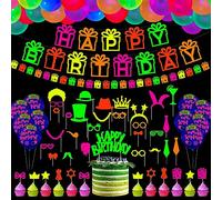XJLANTTE 83 Pièces Fournitures de Fête d'anniversaire Neon - Ballons Néon, Accessoires de Cabine Photo Réactifs à la Lumière Noire UV et Décorations de Gâteau pour Décorations de Fête Glow (Set 03)