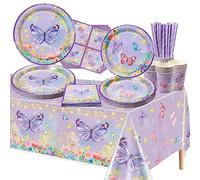 XJLANTTE Décorations d'anniversaire papillon - 106 pcs décorations de fête papillon violet assiettes papillon, serviettes, tasses, nappe et pailles en papier, servir 20