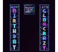 XJLANTTE Décorations de fête en néon Phosphorescent - Bannière de Porte 'Happy Birthday', Panneau de Porche Phosphorescent 'Let's Glow Crazy', Toile de Fond, Panneau de Porte phosphorescent-01