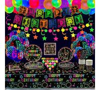 XJLANTTE Fournitures de Fête Néon Brillant - Ballon Néon, Bannière Anniversaire, Décoration de Gâteau, Nappe, Assiettes, Serviettes, Tasse pour Décorations de Fête Blacklight, pour 20 Invités
