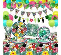 XJLANTTE Hawaiian Luau Articles de fête - Bannière d'anniversaire tropicale, ballon en latex, feuilles de palmier, fleurs d'hibiscus, assiettes en papier, serviettes, tasses et nappe, pour 20 invités