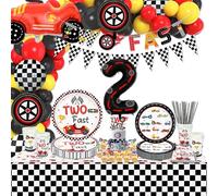 XJLANTTE Lot de 186 décorations de voiture de course rapide-Ballons de voiture de course, bannière, assiettes, serviettes, tasses, décoration de gâteau, nappe, pour 20 invités (deux ensembles rapides)