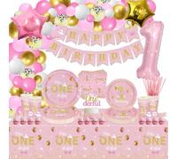 XJLANTTE Lot de 232 décorations d'anniversaire Miss Onederful - Assiettes, serviettes, tasses, ballons, bannière d'anniversaire, décoration de gâteau et nappe en or rose pour fête prénatale