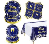 XJLANTTE Lot de 61 assiettes d'anniversaire bleues et dorées pour anniversaire, fête prénatale, mariage - Pour 20 invités