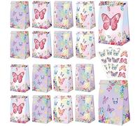XJLANTTE Sacs cadeaux de fête papillon - 20 sacs cadeaux avec autocollants papillon, sacs en papier coloré, sacs cadeaux d'anniversaire pour fournitures de fête d'enfants.