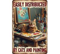XJPXFQ Plaque en métal vintage « Facilement distrait par les chats » et peinture murale 20,3 x 30,5 cm
