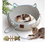 XJQ Handwoven Cat Basket with Hanging Ball Toy for Small & Large Cats & Dog (Blue,35 * 12CM)