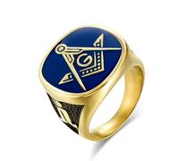 XJruixi Bague Vintage Bleu Or Couleur maçonnique pour Hommes Titane Acier rétro Punk Bague Hip Hop fraternité Bague maçon Bijoux Masculins