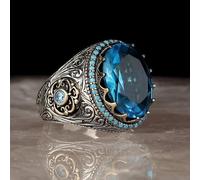 XJruixi Vintage Grand Ovale Naturel Turquoises Pierre Anneau Hommes rétro Or Argent Couleur Bleu Perle Bague de Mariage pour Les Femmes Punk Turc Bijoux