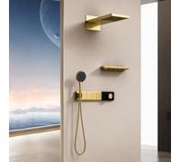 XJTNLB Colonne de Douche Or Brossé Thermostatique Pommeau de Douche Cascade Encastré avec 6Pcs Buse de Massage et Douchette à Main 3 Modes