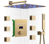 XJTNLB Colonne Douche Thermostatique Encastrée Commande Piano et Affichage Led, Pommeau de Douche Carré Led avec 6Pcs Buse de Massage,Or Brossé