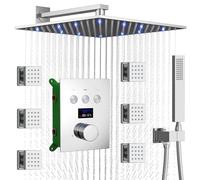 XJTNLB Colonne Douche Thermostatique Encastrée Commande Piano et Affichage Led, Pommeau de Douche Carré Led avec 6Pcs Buse de Massage,Chromé