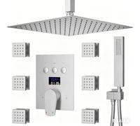 XJTNLB Ensemble de Robinetterie de Douche Encastrable Brossé Pommeau de Douche Carré Installation au Plafond avec 6Pcs Buse de Massage et Commande Piano