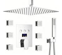 XJTNLB Ensemble de Robinetterie de Douche Encastrable Chromé Pommeau de Douche Carré Installation au Plafond avec 6Pcs Buse de Massage et Commande Piano