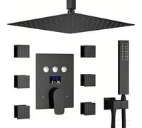 XJTNLB Ensemble de Robinetterie de Douche Encastrable Noir Pommeau de Douche Carré Installation au Plafond avec 6Pcs Buse de Massage et Commande Piano