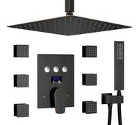 XJTNLB Ensemble de Robinetterie de Douche Encastrable Noir Rétro Pommeau de Douche Carré Installation au Plafond avec 6Pcs Buse de Massage et Commande Piano