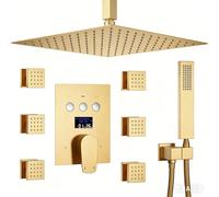 XJTNLB Ensemble de Robinetterie de Douche Encastrable Or Brossé Pommeau de Douche Carré Installation au Plafond avec 6Pcs Buse de Massage et Commande Piano