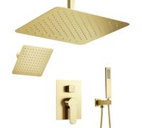 XJTNLB Mitigeur de Douche Encastré à Levier 16 Po Ciel de Pluie Douche Encastrable Plafond en Acier Inoxydable, Or Brossé
