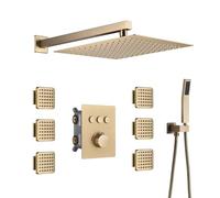 XJTNLB Mitigeur Douche Encastrable Or Brossé Commande Piano, Pommeau de Douche Carré à Trois Fonctions avec 6Pcs Buse de Massage