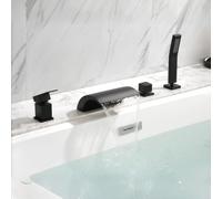 XJTNLB Robinet Baignoire 4 Trous Cascade Kit Mitigeur 4 Trous | Bec Cascade, Robinet de Baignoire avec Douchette Rétractable Laiton, G 1/2", Noir