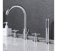XJTNLB Robinet Baignoire 4 Trous Mitigeur Douche à Double Poignée | Poignée en Croix, Robinet de Baignoire avec Douchette Extractible Rotation à 360° Raccord G1/2, Chrome
