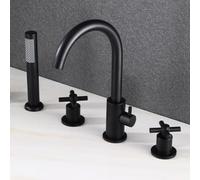 XJTNLB Robinet Baignoire 4 Trous Mitigeur Douche à Double Poignée | Poignée en Croix, Robinet de Baignoire avec Douchette Extractible Rotation à 360° Raccord G1/2, Noir