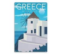 XJUfW Métal Mur Affiche Vintage Étain Mural Signe Décorative Rétro Plaque pour Métallique Panneau Bar Cafés Hôtel Jardin Parc mur d'art,Grèce Mykonos30x40cm(12x16 pouces) AA-476