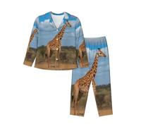 XKBFKLKMC Ensemble de pyjama pour femme, motif girafe sous l'arbre en Afrique, impression 3D, vêtements de détente doux à manches longues boutonnées, vêtements de nuit à col en V, 3D, S
