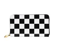 XKBFKLKMC Portefeuille long 3D à carreaux noirs et blancs pour femme - Grande capacité en cuir PU avec fermeture éclair, porte-cartes et pièces de crédit pour tous les jours, voyages, travail