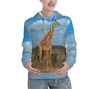 XKBFKLKMC Sweats à capuche pour femme Girafe sous l'arbre en Afrique Imprimé décontracté à manches longues Pull à capuche Haut confortable Chaud Dames Sweats à capuche Cordon de serrage avec poche, 3D