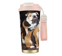 XKBFKLKMC Tasse à café isotherme étanche avec couvercle et paille - En acier inoxydable - Motif bouledogues anglais - 500 ml - Pour eau, thé glacé ou café