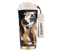 XKBFKLKMC Tasse à café isotherme étanche avec couvercle et paille - En acier inoxydable - Motif bouledogues anglais - 500 ml - Pour eau, thé glacé ou café