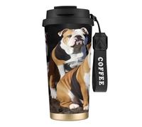 XKBFKLKMC Tasse à café isotherme étanche avec couvercle et paille - En acier inoxydable - Motif bouledogues anglais - 500 ml - Pour eau, thé glacé ou café