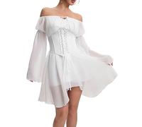 XKBHYD Ensemble deux pièces pour femme - Robe corset à épaules dénudées - Manches cloches - En mousseline de soie - Mini bustier à lacets, blanc, S