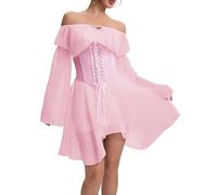 XKBHYD Ensemble deux pièces pour femme - Robe corset à épaules dénudées - Manches cloches - En mousseline de soie - Mini bustier à lacets, rose, S