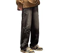 XKBHYD Jean droit à jambe large Y2k Star Patch Denim Pantalon de randonnée Pantalon baggy, R-noir., Taille 3XL