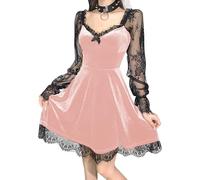 XKBHYD Robe Gothique en Dentelle Velours Courte à Col en V Sexy pour Halloween Party Cocktail Décontractée Minirobe, a rose, S