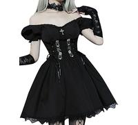 XKBHYD Robe gothique pour femme, épaules dénudées, manches courtes, mini-robe, taille haute, taille empire, coupe ajustée, robe de fête en dentelle